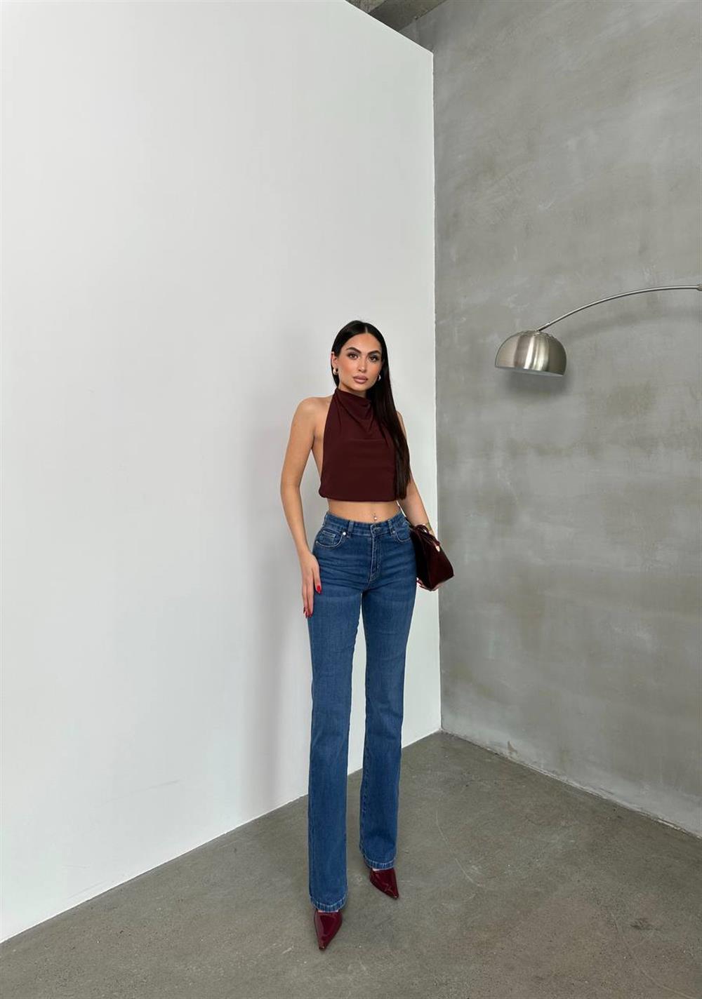 LACARINOKadın Yüksek Bel Yarım İspanyol Paça Blue Jean Pantolon