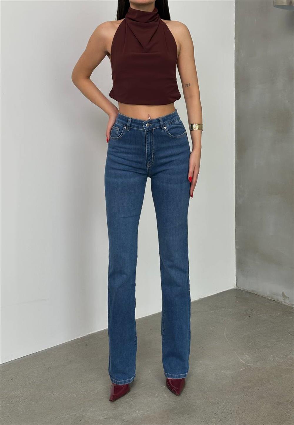 LACARINOKadın Yüksek Bel Yarım İspanyol Paça Blue Jean Pantolon