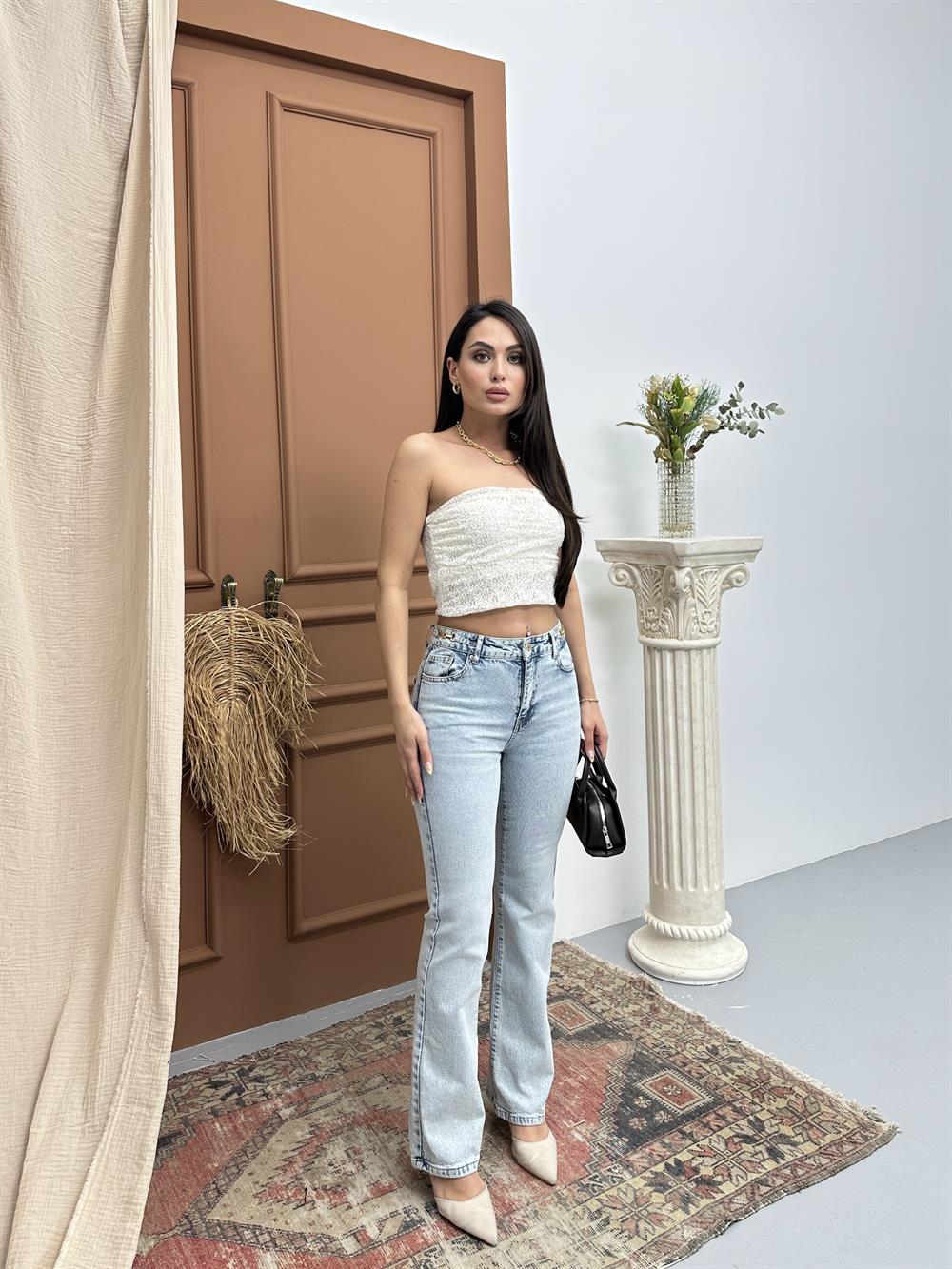 LACARINOYüksek Bel kemer Toka Detaylı Yarım İspanyol Paça Light Blue Jean Pantolon