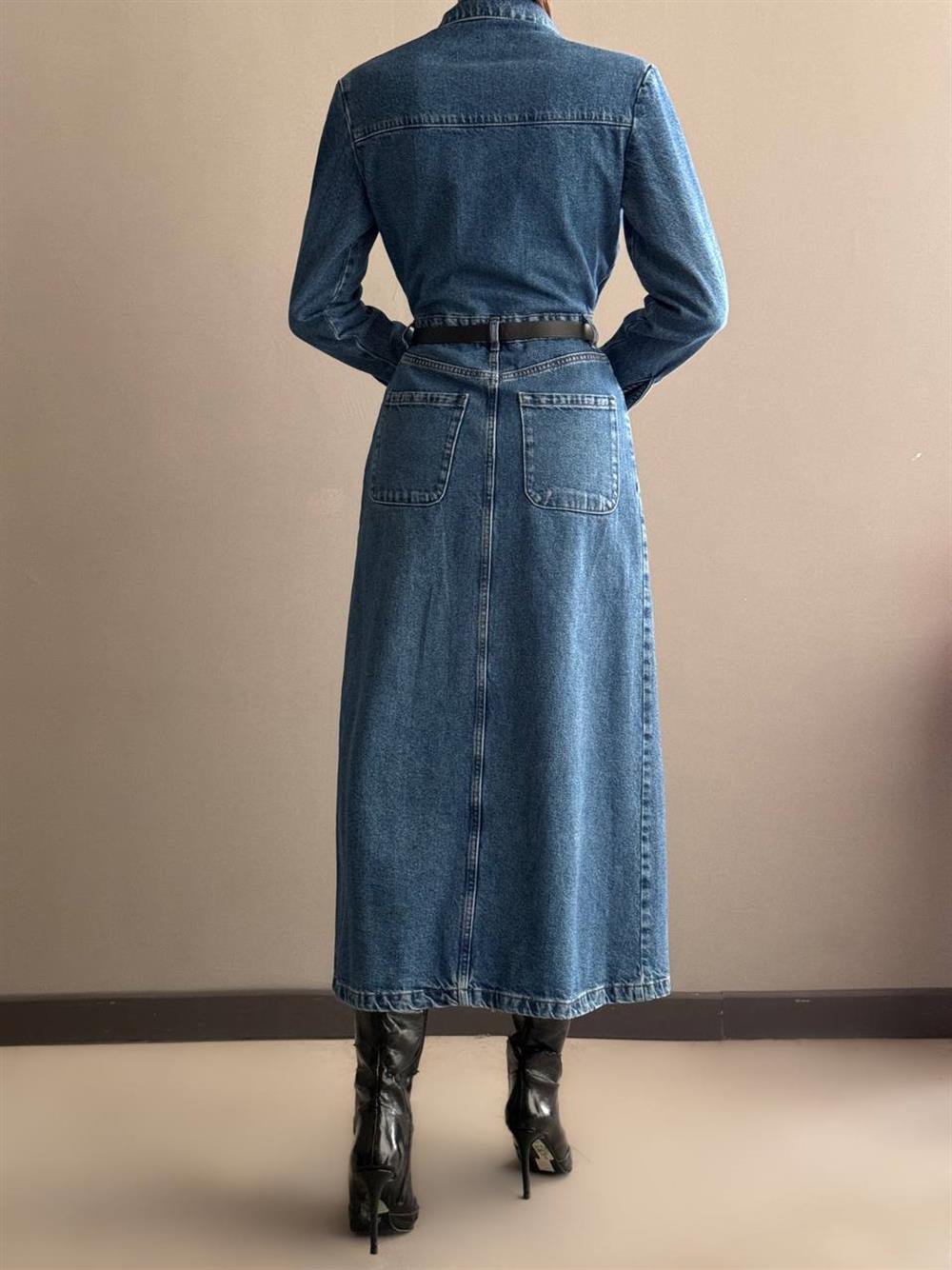 LACARINODüğme Detaylı Bel Kemerli Dark Blue Jean Elbise