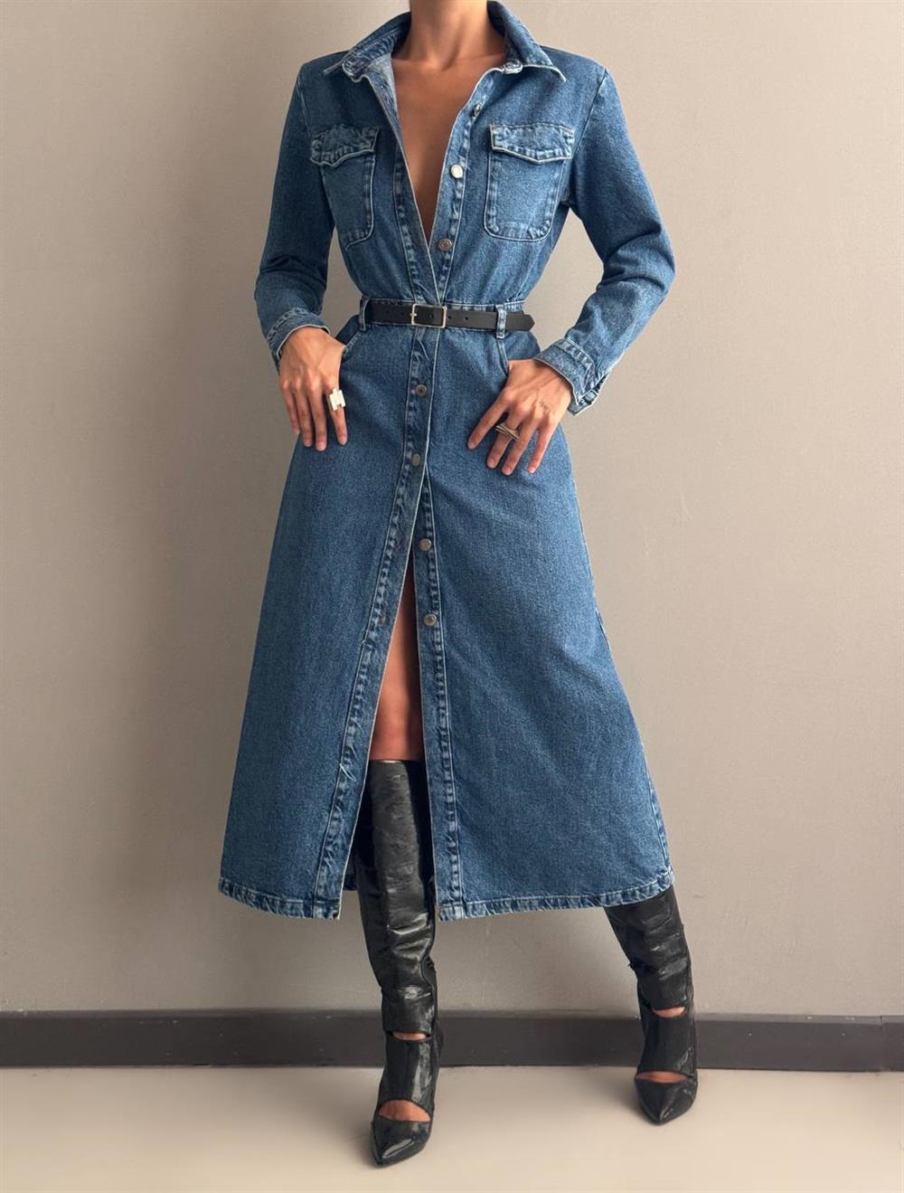 LACARINODüğme Detaylı Bel Kemerli Dark Blue Jean Elbise