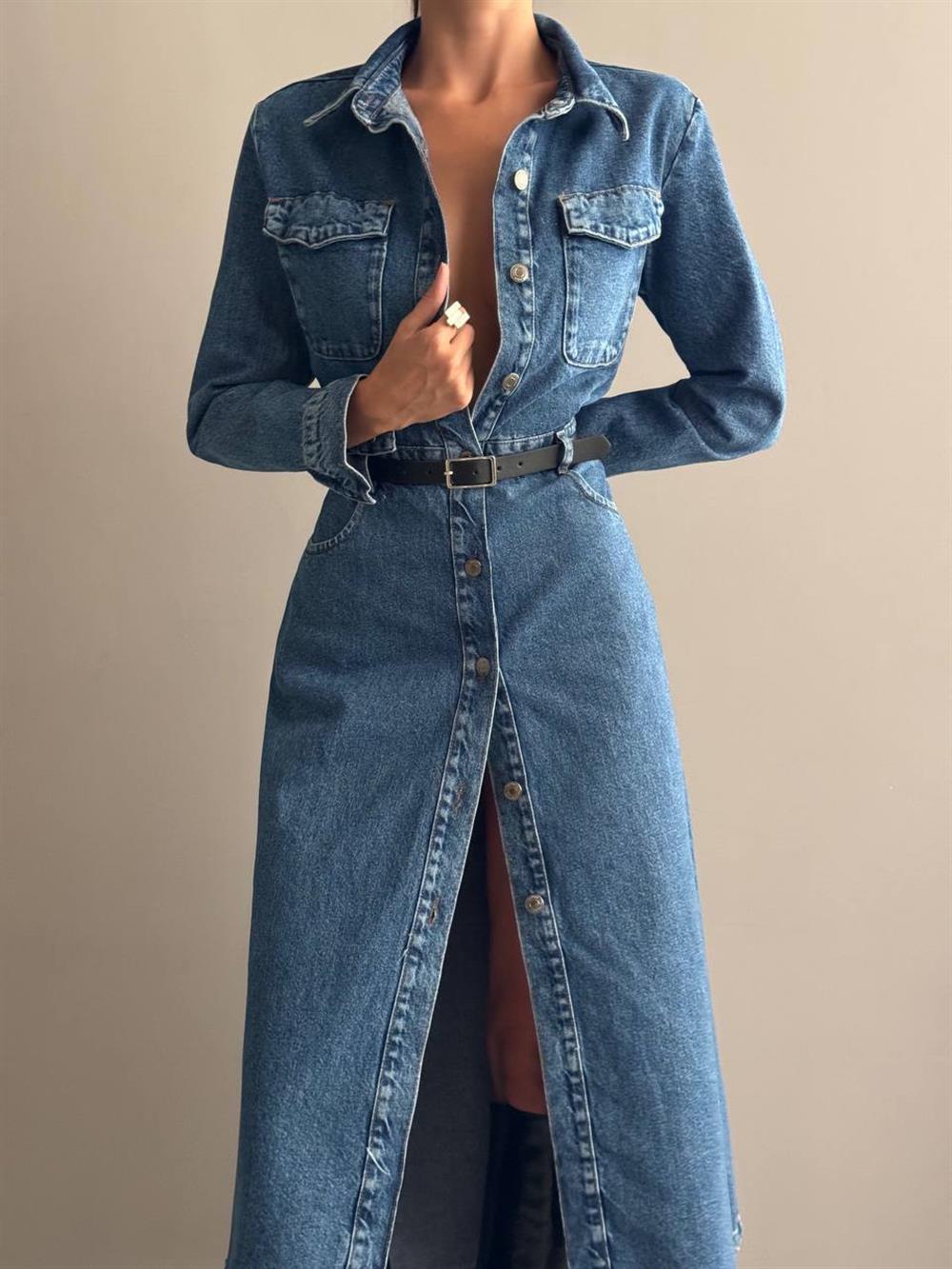 LACARINODüğme Detaylı Bel Kemerli Dark Blue Jean Elbise