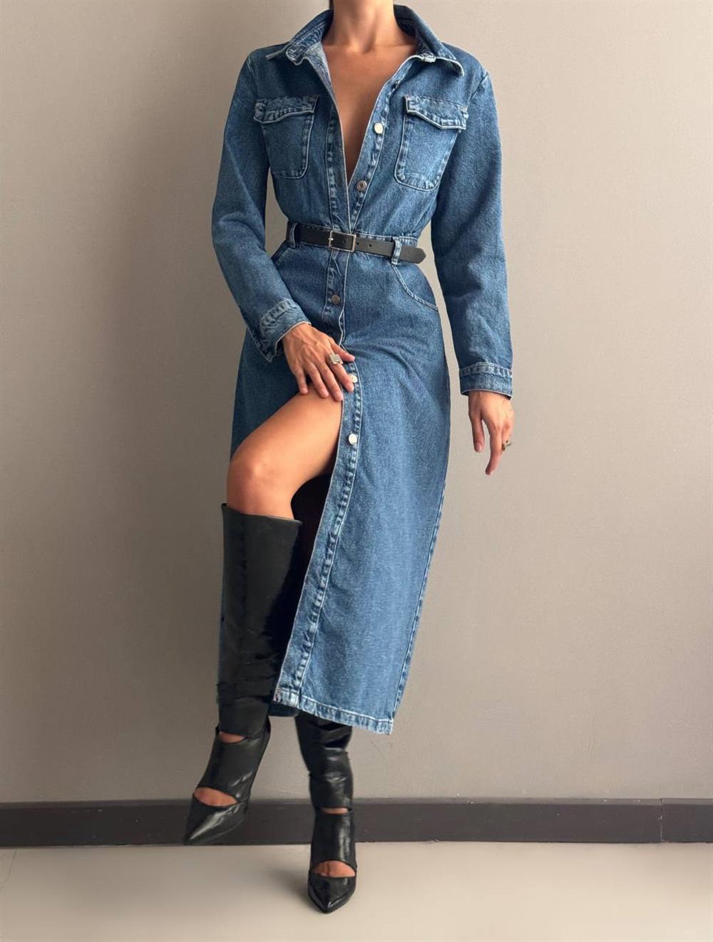 LACARINODüğme Detaylı Bel Kemerli Dark Blue Jean Elbise