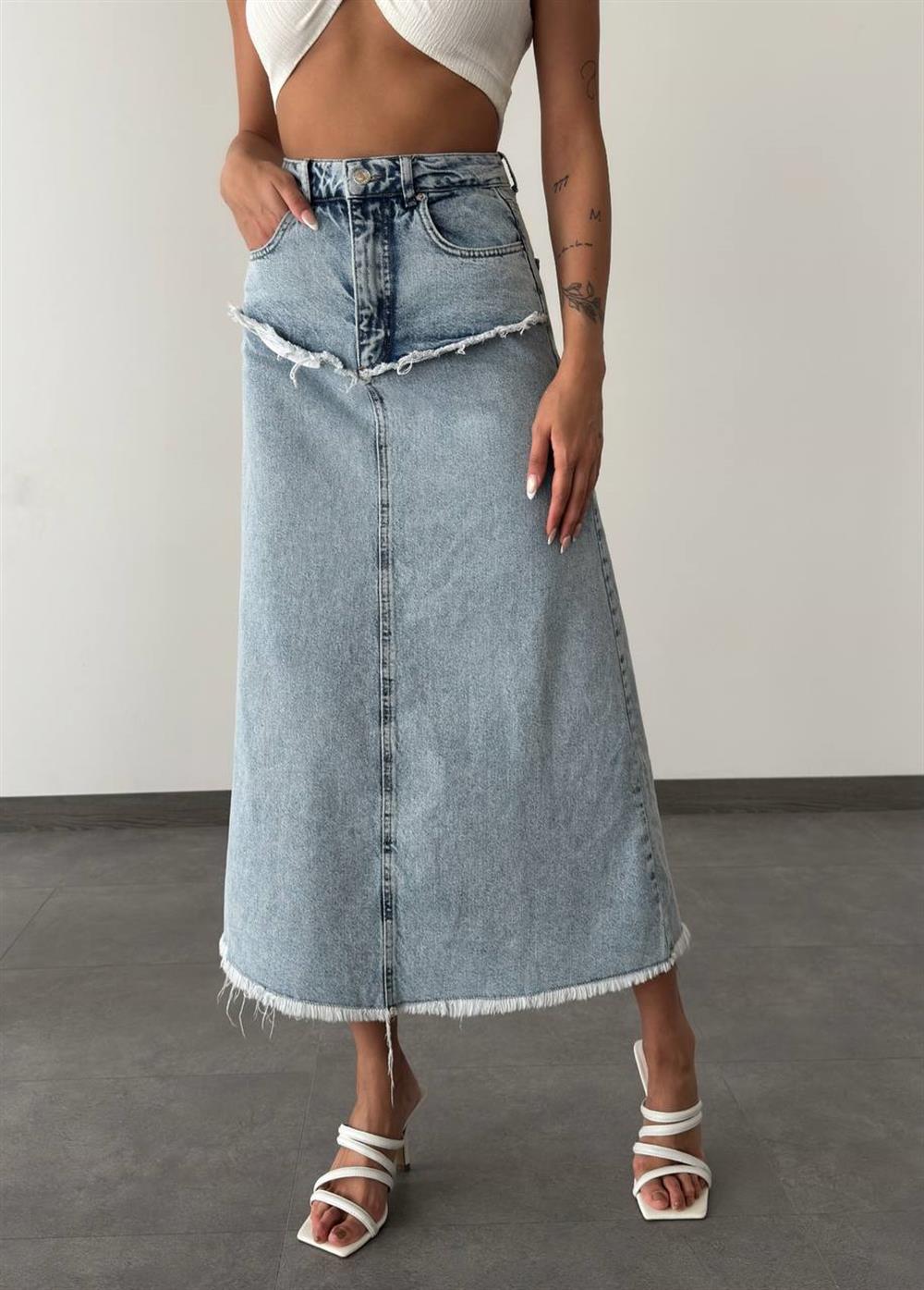 LACARINOPis Dikiş Detaylı Yıkama Detaylı Light Blue Denim Etek 