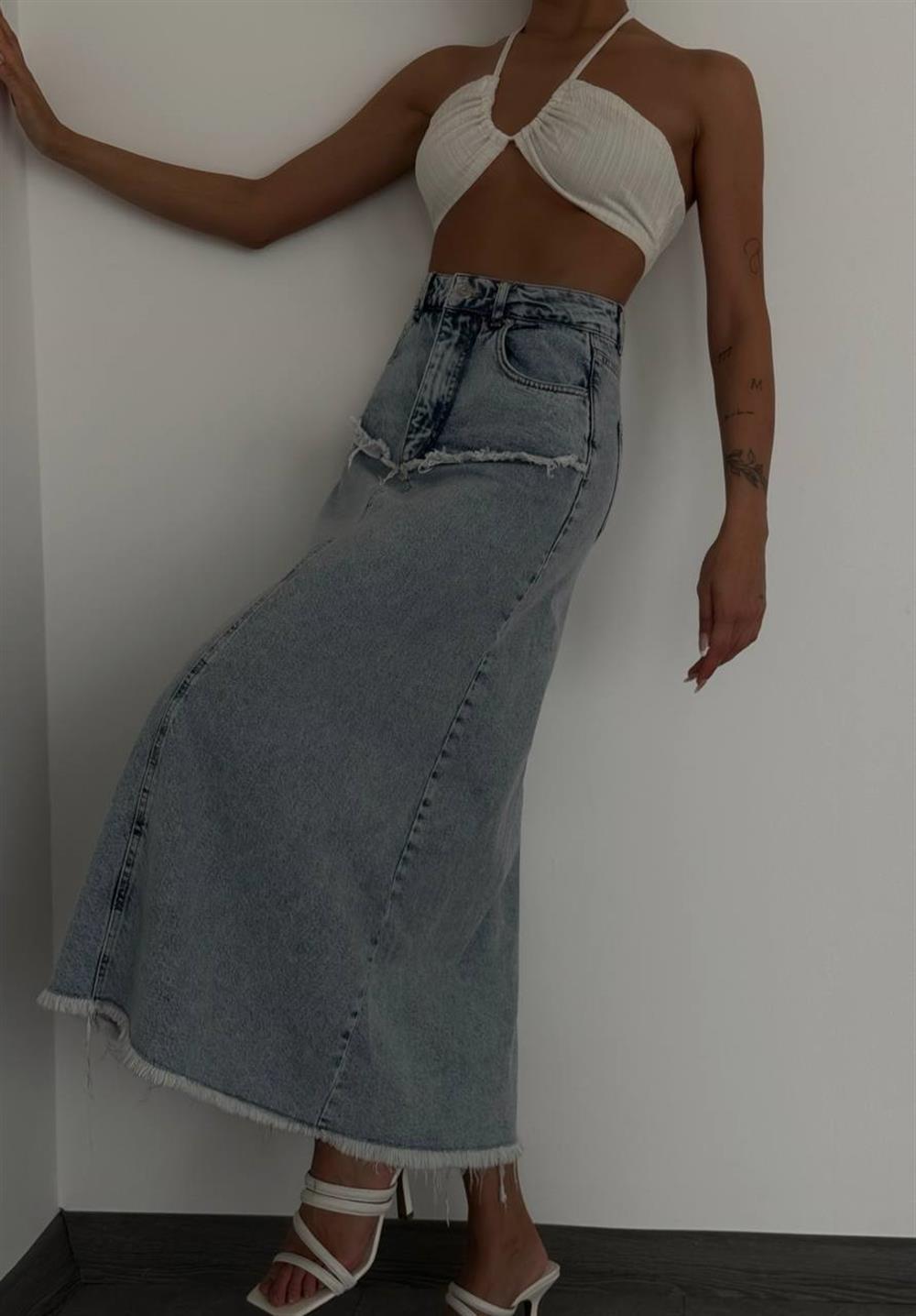 LACARINOPis Dikiş Detaylı Yıkama Detaylı Light Blue Denim Etek 
