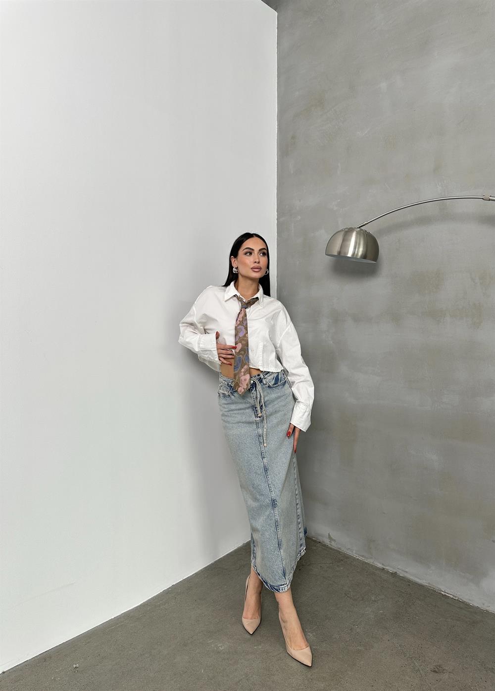 LACARINOArka Yırtmaç Detaylı Blue Tint Jean Etek