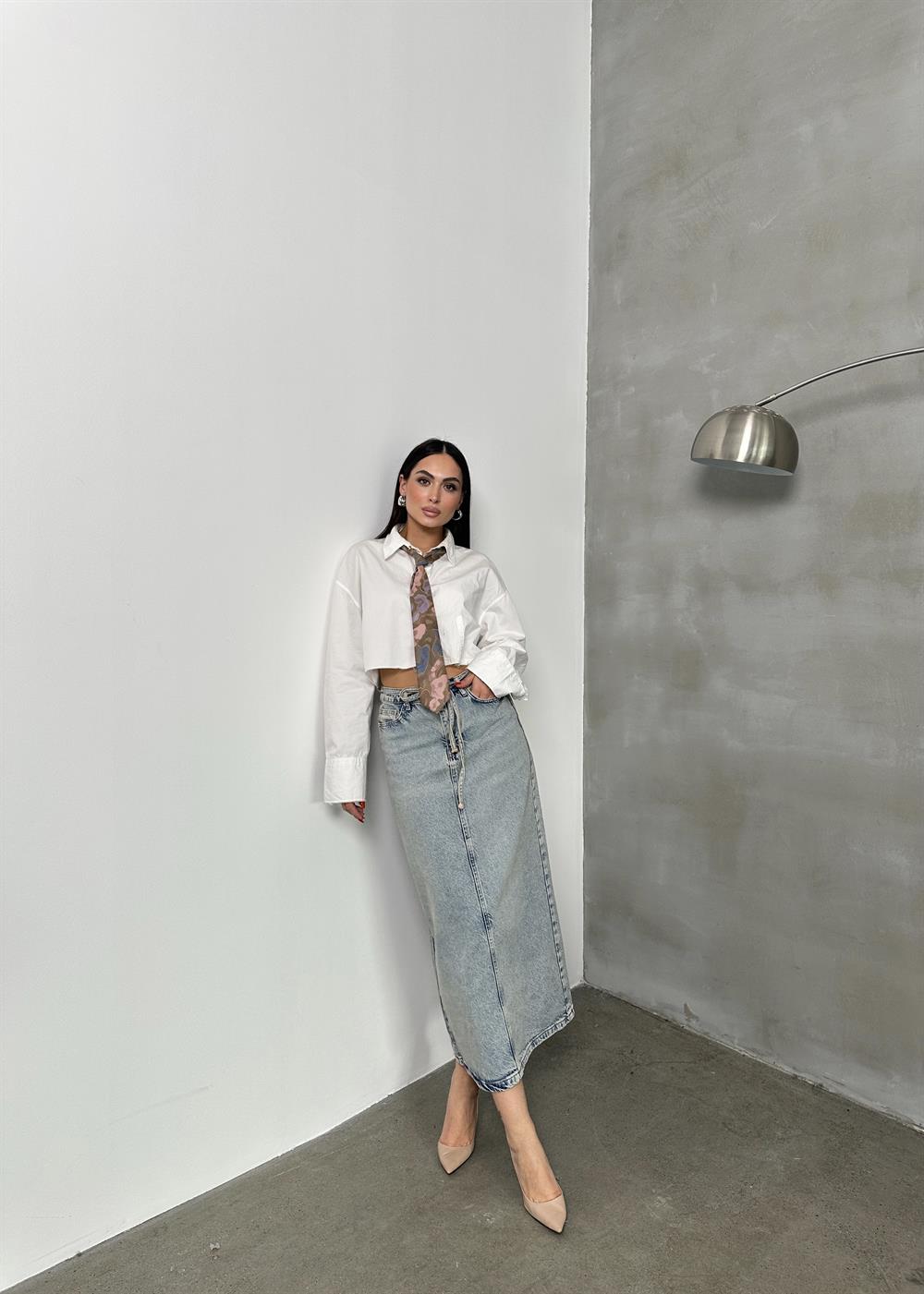 LACARINOArka Yırtmaç Detaylı Blue Tint Jean Etek