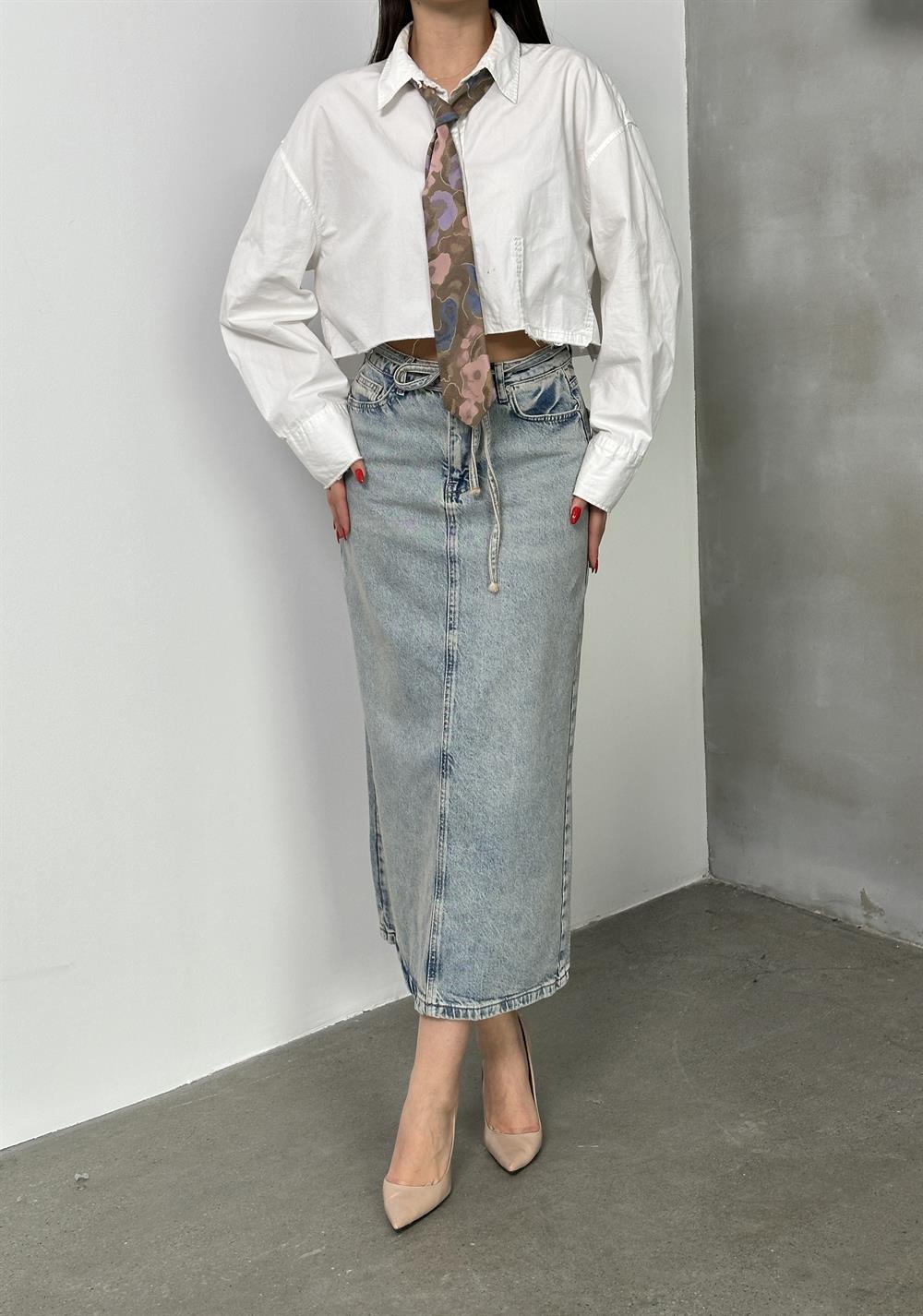 LACARINOArka Yırtmaç Detaylı Blue Tint Jean Etek