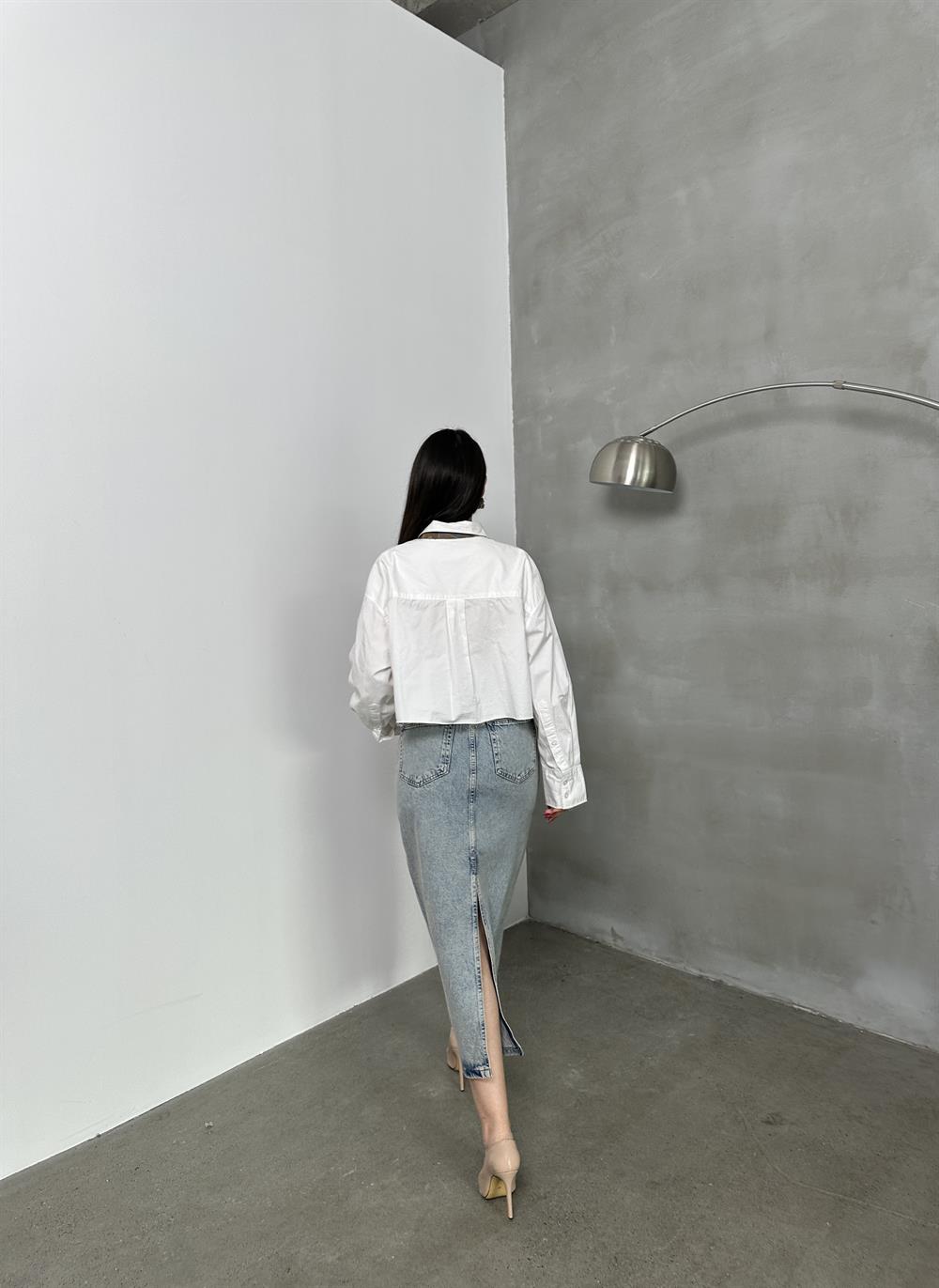 LACARINOArka Yırtmaç Detaylı Blue Tint Jean Etek