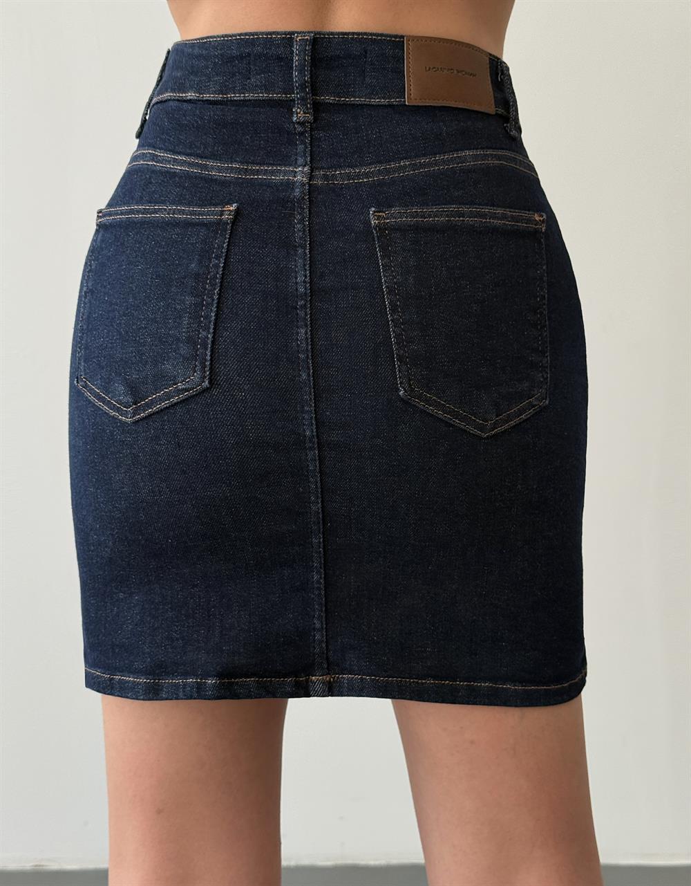 LACARINOCep Detaylı Diz Üstü Navy Blue Denim Etek