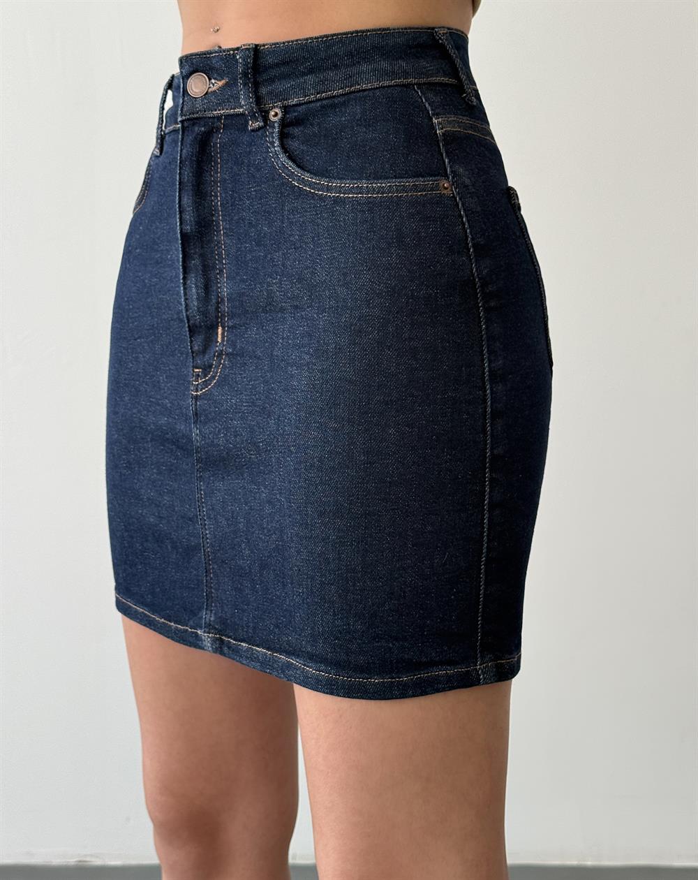 LACARINOCep Detaylı Diz Üstü Navy Blue Denim Etek