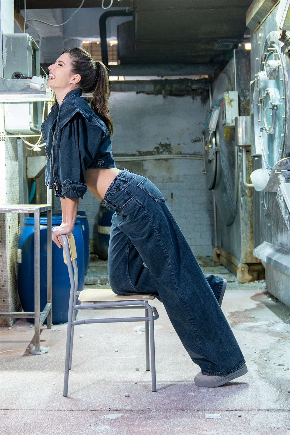 LACARINOUzun Boy Yüksek Bel Blue Black Wide Leg Jean Pantolon
