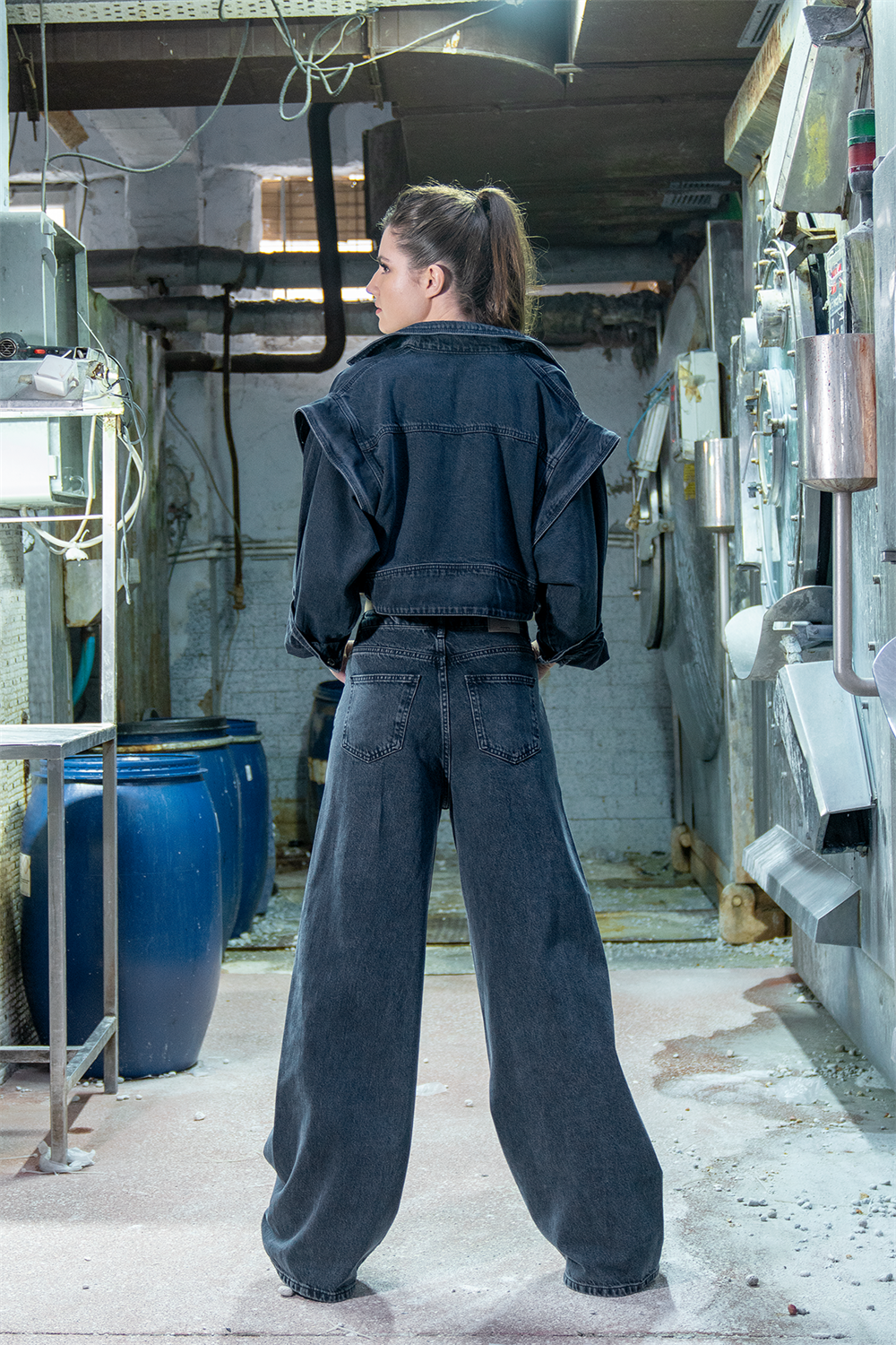 LACARINOUzun Boy Yüksek Bel Blue Black Wide Leg Jean Pantolon