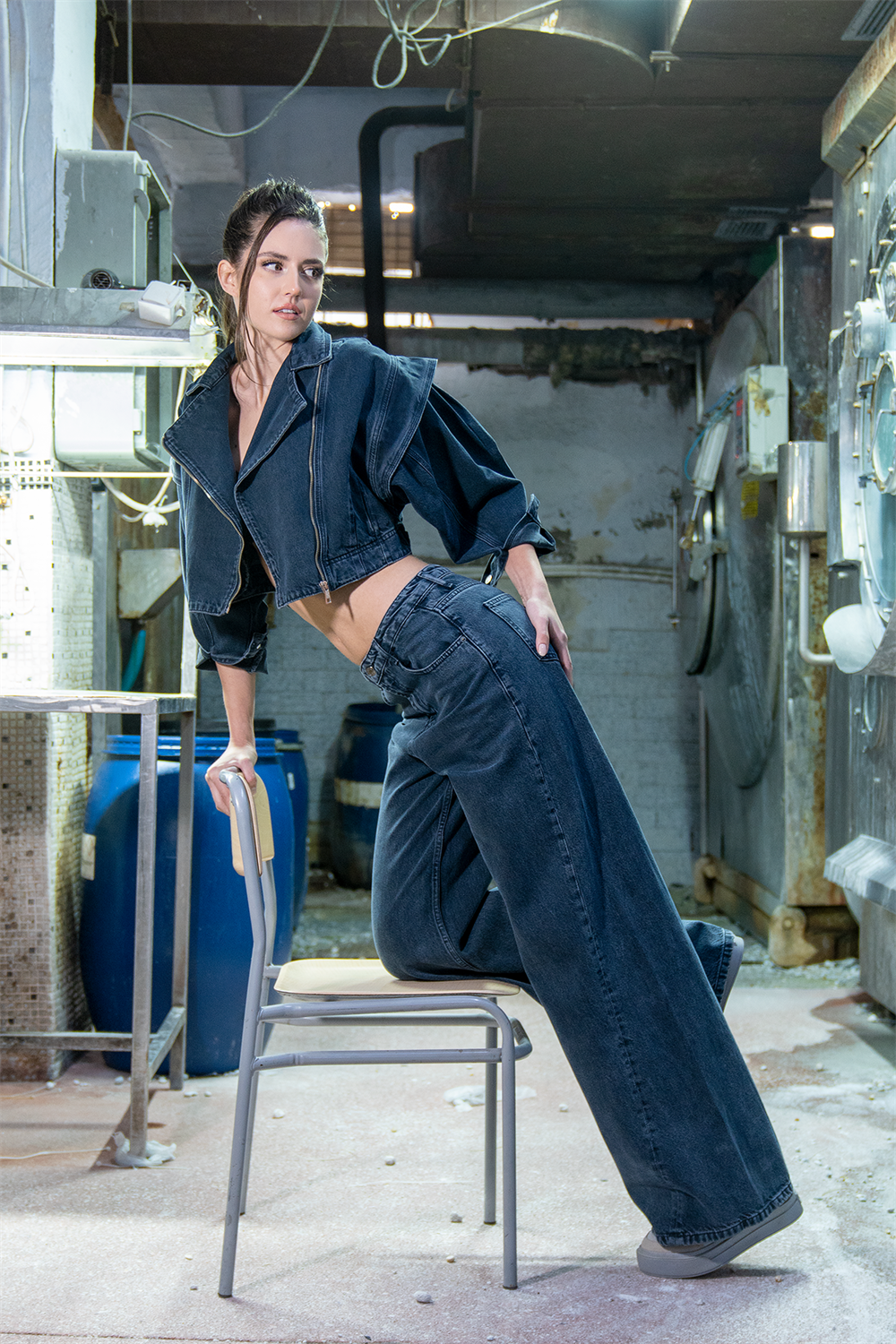 LACARINOUzun Boy Yüksek Bel Blue Black Wide Leg Jean Pantolon
