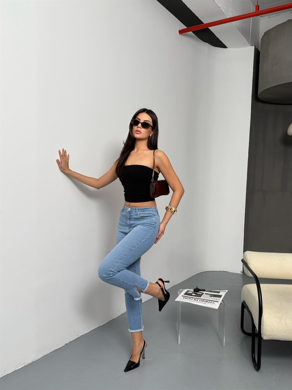 LACARINOYüksek Bel Paça Kesik Püskül Detaylı Light Blue Jean Pantolon