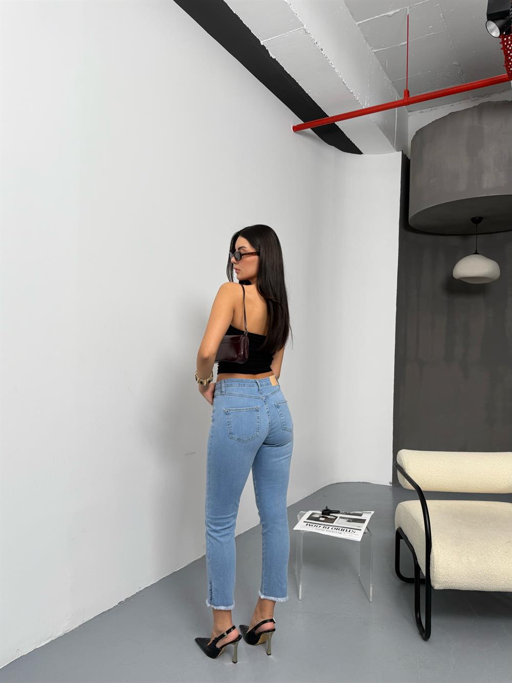 LACARINOYüksek Bel Paça Püskül Detaylı Light Blue Jean  Pantolon