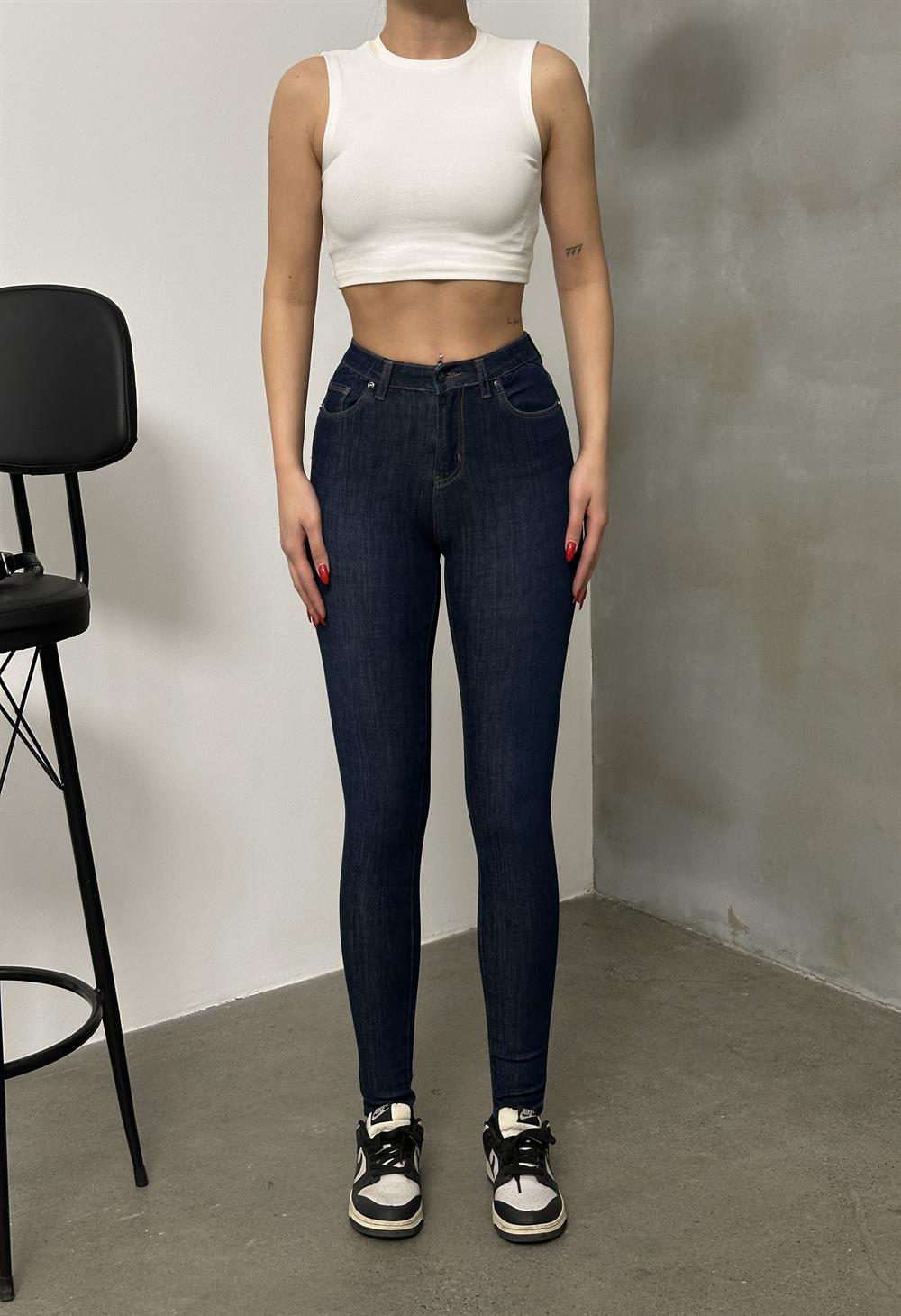 LACARINOYüksek Bel Dar Kalıp En Boy Likralı Dark Blue Jean Pantolon