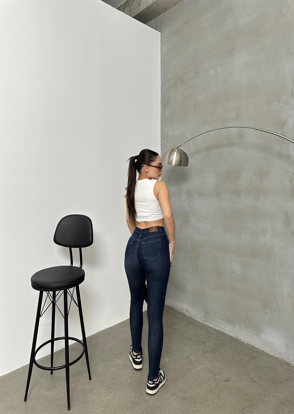 LACARINOYüksek Bel Dar Kalıp En Boy Likralı Dark Blue Jean Pantolon