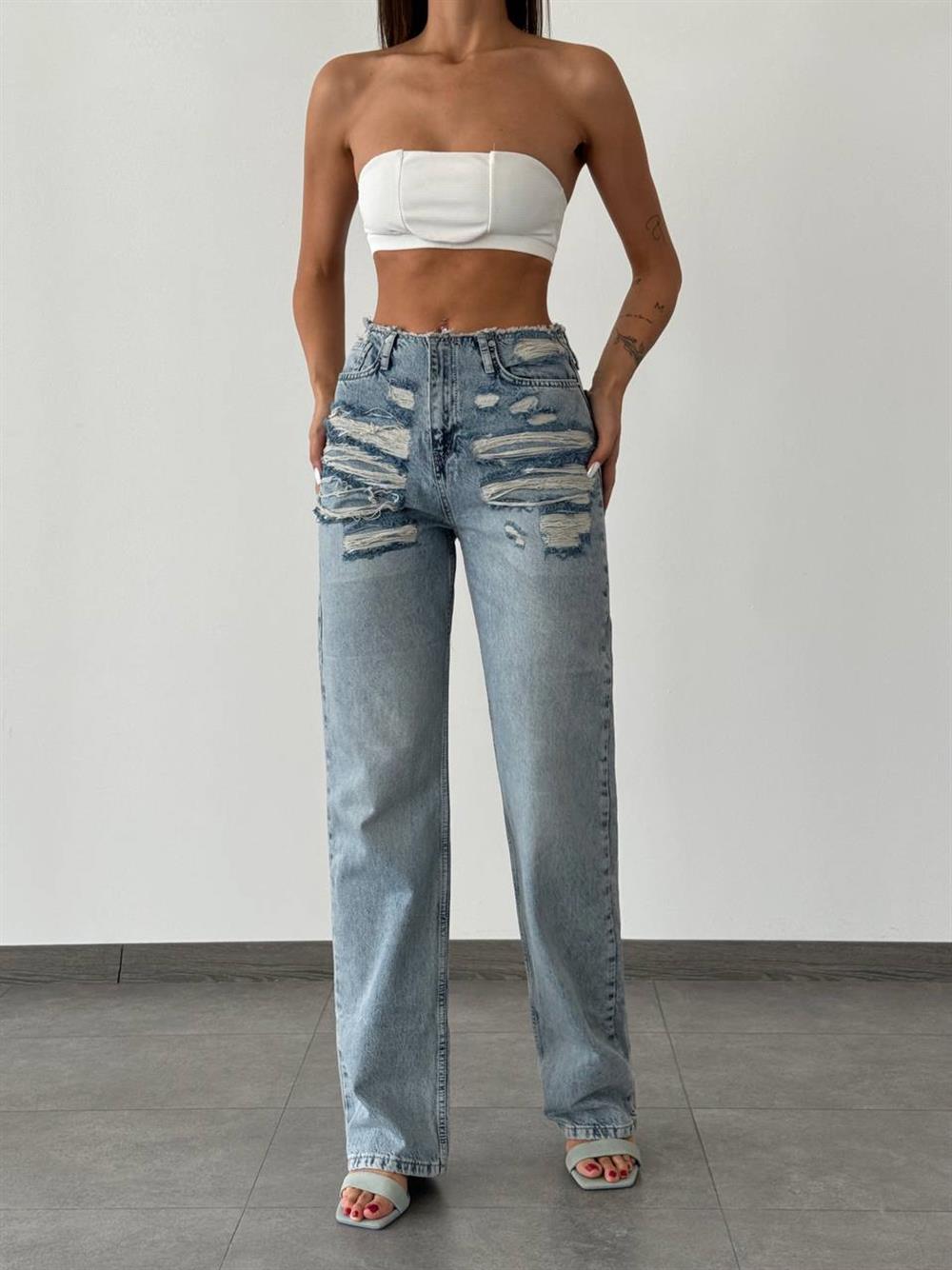 LACARINOYüksel Bel Boru Kesim Detaylı Straight Light Blue Jean Pantolon