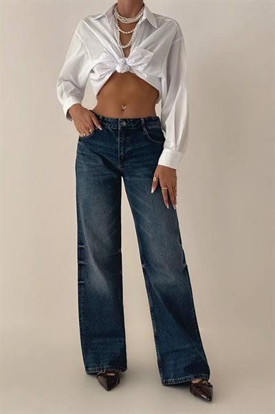 LACARINOYüksek Bel Bol Paça D.Blue Tint Baggy Flare Jean Pantolon