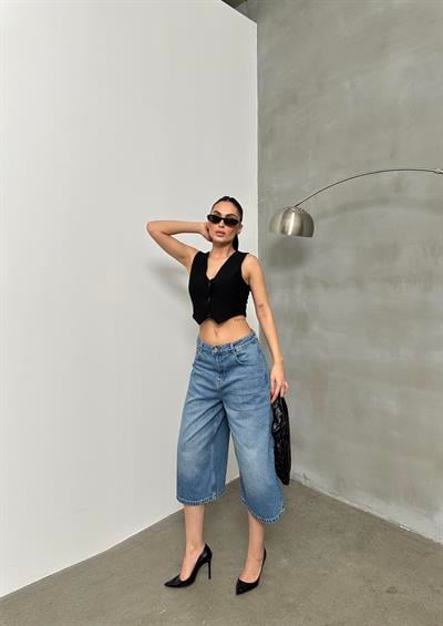 LACARINOKadın Baggy Model Blue Bermuda Jean 
