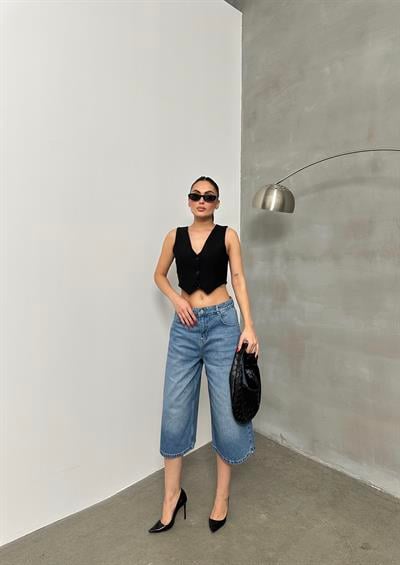LACARINOKadın Baggy Model Blue Bermuda Jean 