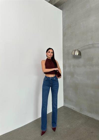 LACARINOKadın Yüksek Bel Yarım İspanyol Paça Blue Jean Pantolon