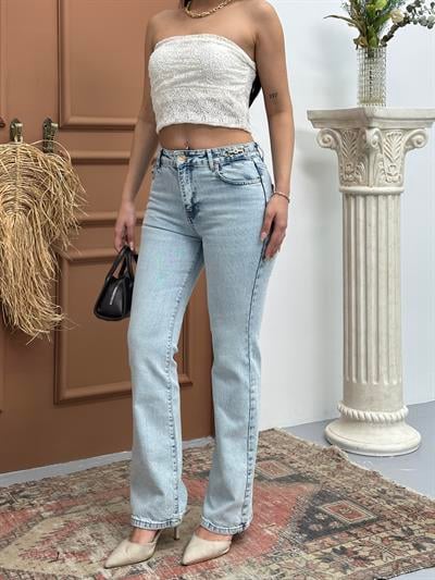 LACARINOYüksek Bel kemer Toka Detaylı Yarım İspanyol Paça Light Blue Jean Pantolon