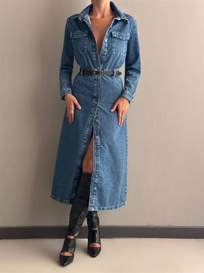 LACARINODüğme Detaylı Bel Kemerli Dark Blue Jean Elbise