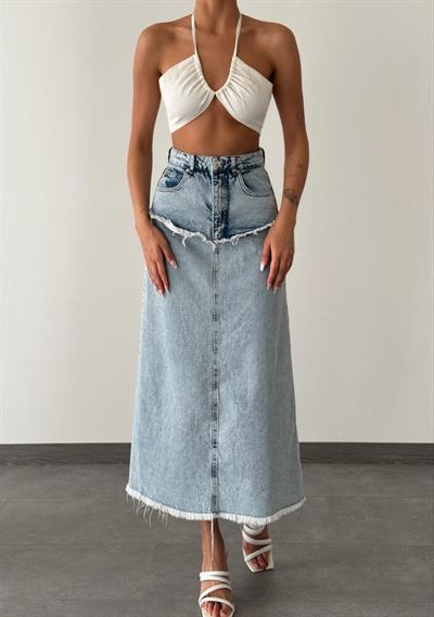 LACARINOPis Dikiş Detaylı Yıkama Detaylı Light Blue Denim Etek 