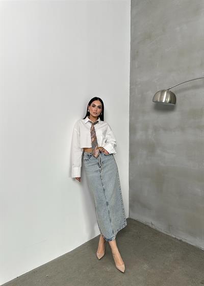 LACARINOArka Yırtmaç Detaylı Blue Tint Jean Etek
