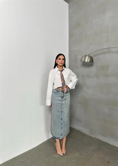 LACARINOArka Yırtmaç Detaylı Blue Tint Jean Etek