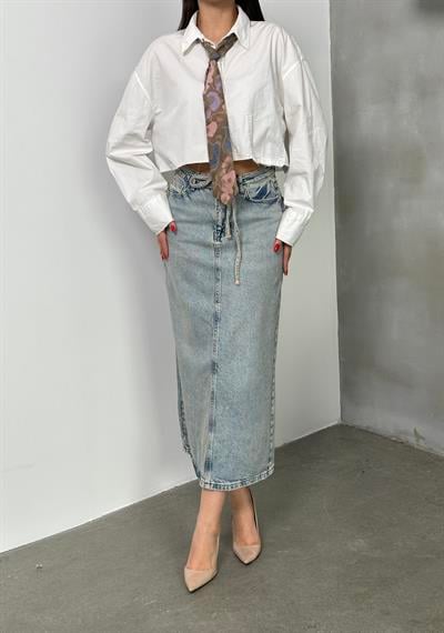 LACARINOArka Yırtmaç Detaylı Blue Tint Jean Etek