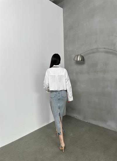 LACARINOArka Yırtmaç Detaylı Blue Tint Jean Etek