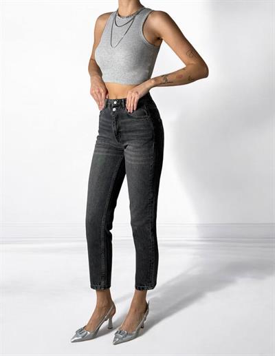 LACARINOYüksek Bel Boru Paça Bilek Boy Onyx Black Jean Pantolon