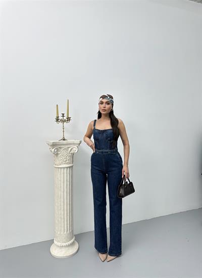 LACARINOOmuz Askılı Bel Kemer Detaylı Dark Blue Jean Tulum