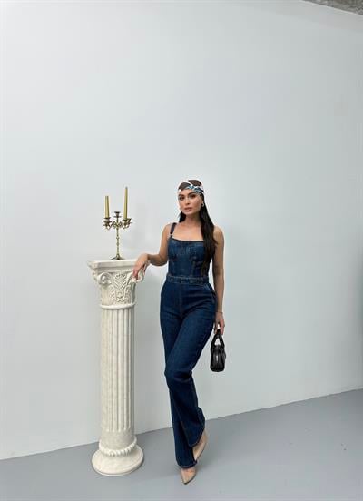 LACARINOOmuz Askılı Bel Kemer Detaylı Dark Blue Jean Tulum
