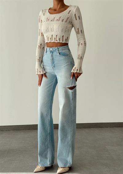 LACARINOYüksel Bel Kesik Detay Blue Wide Leg Jean Pantolon