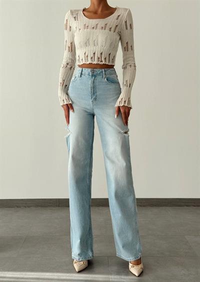 LACARINOYüksel Bel Kesik Detay Blue Wide Leg Jean Pantolon