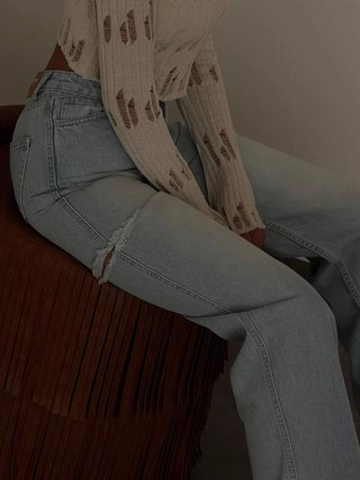 LACARINOYüksel Bel Kesik Detay Blue Wide Leg Jean Pantolon