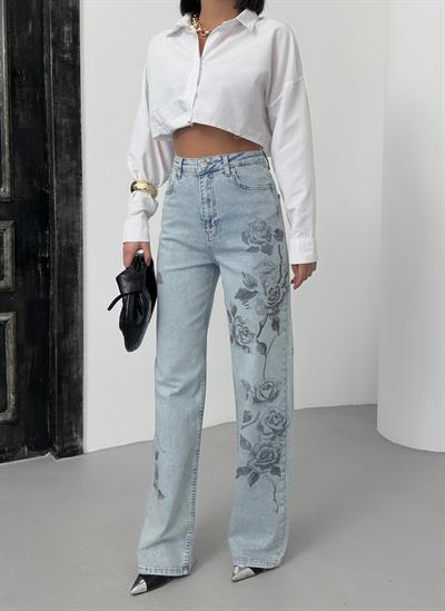 LACARINOKadın Yüksek Bel Bol Kesim Light Blue Tint Gül Baskı Detaylı Jean Pantolon