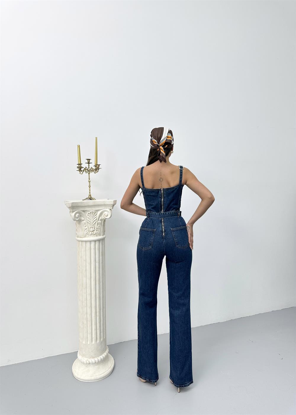 LACARINOOmuz Askılı Bel Kemer Detaylı Dark Blue Jean Tulum