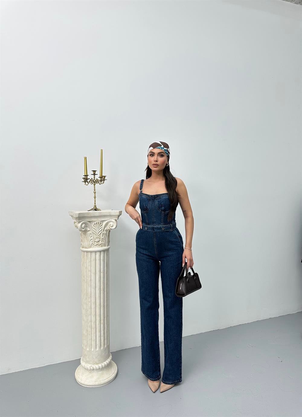 LACARINOOmuz Askılı Bel Kemer Detaylı Dark Blue Jean Tulum