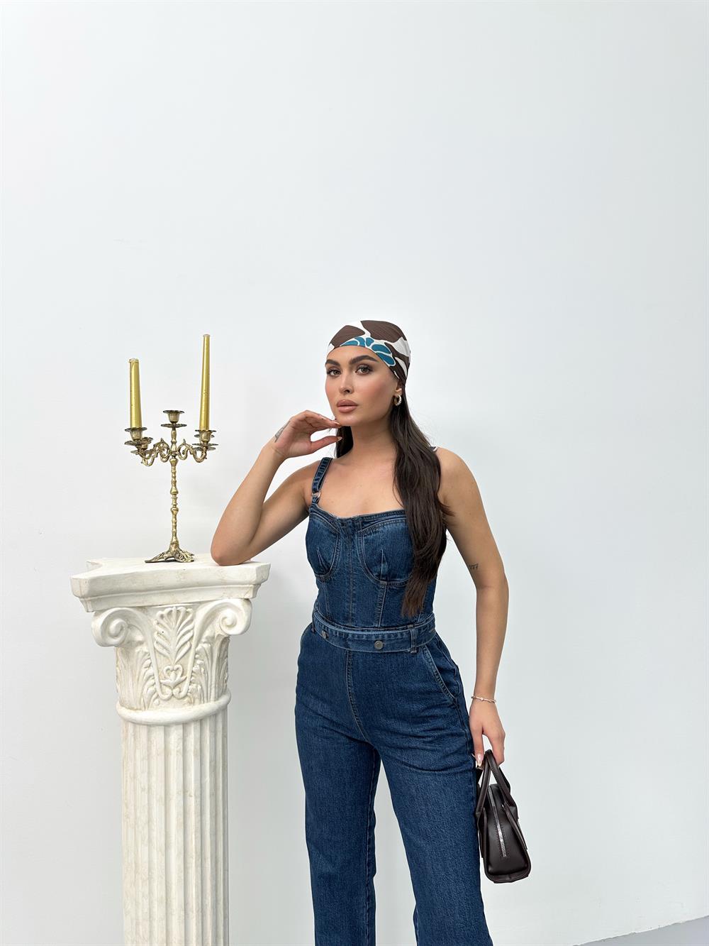 LACARINOOmuz Askılı Bel Kemer Detaylı Dark Blue Jean Tulum