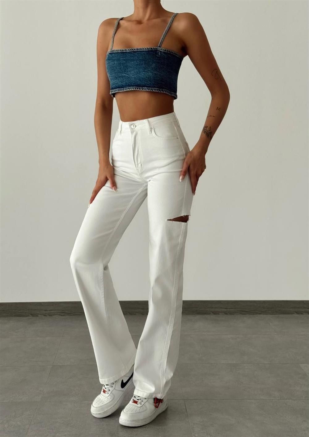 LACARINOYüksel Bel Kesik Detay Krem Wide Leg Jean Pantolon
