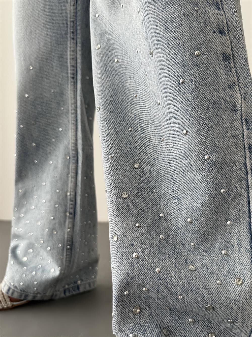 LACARINOYüksek Bel Bol Kesim Light Blue Taşlı Jean Pantolon