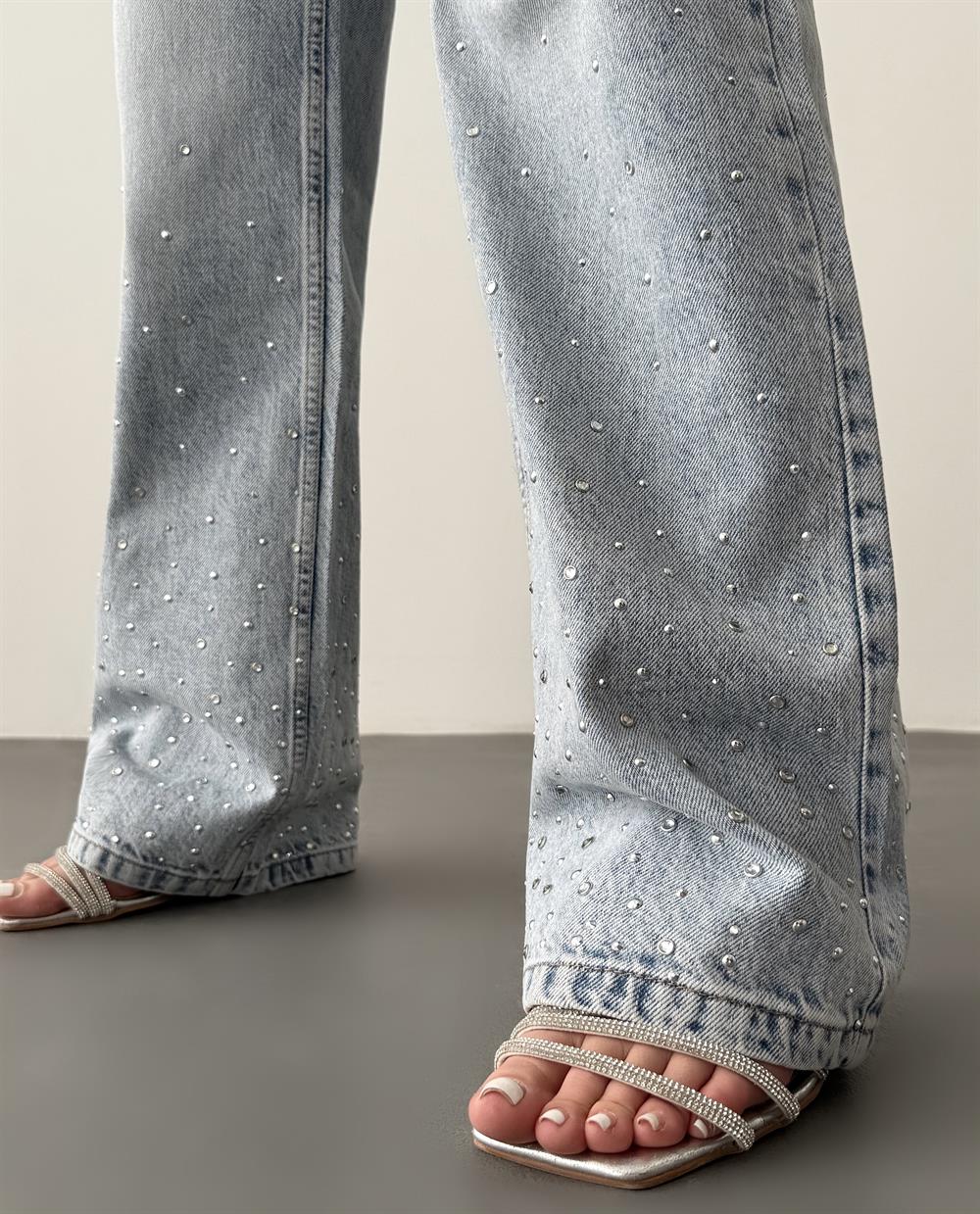 LACARINOYüksek Bel Bol Kesim Light Blue Taşlı Jean Pantolon
