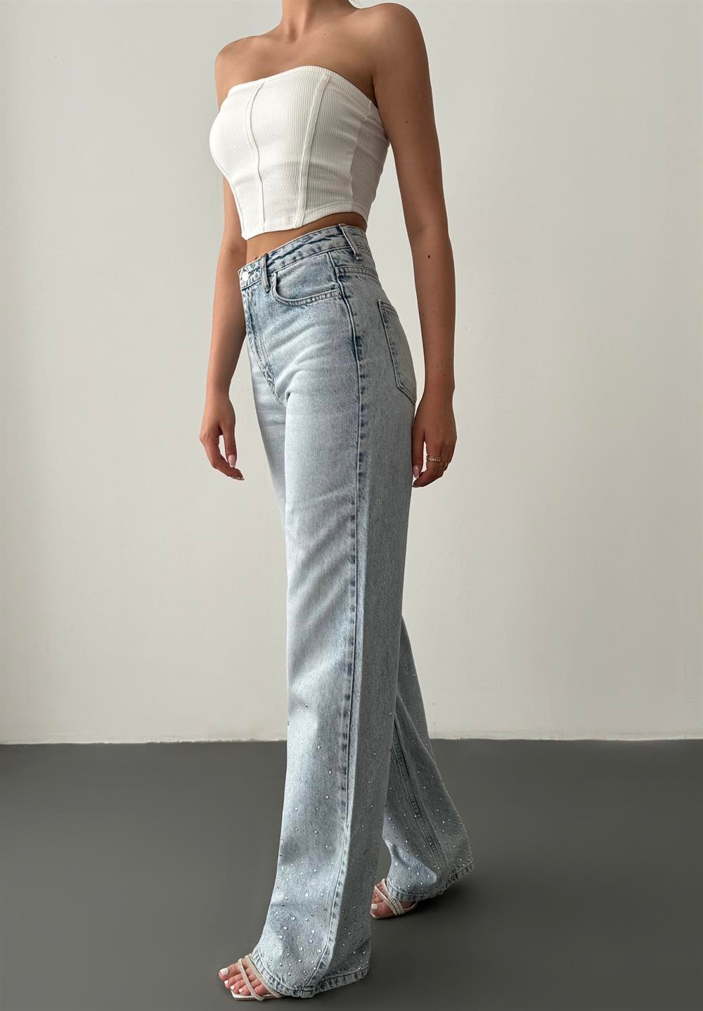 LACARINOYüksek Bel Bol Kesim Light Blue Taşlı Jean Pantolon