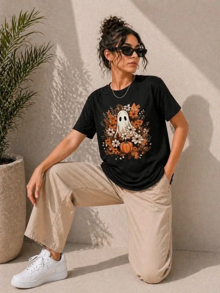 Balkabağı Hayalet Baskılı Tişört Kısa Kol Yazlık T-Shirt - Siyah