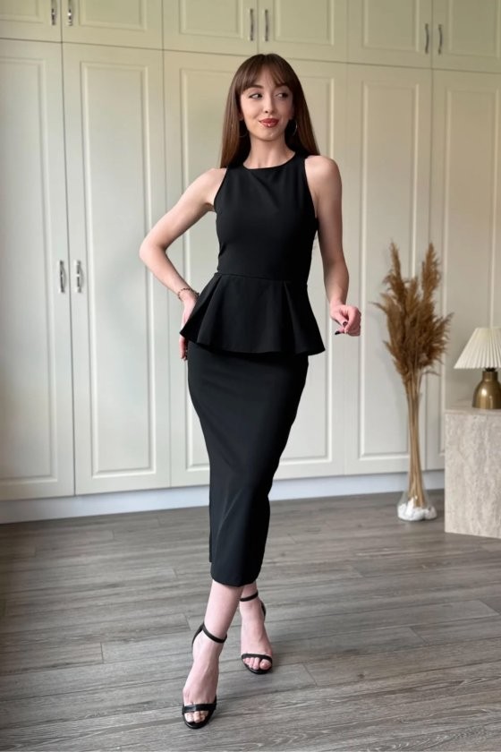 Kadın Bisiklet Yaka Volan Detay Double Kumaş Midi Boy Elbise